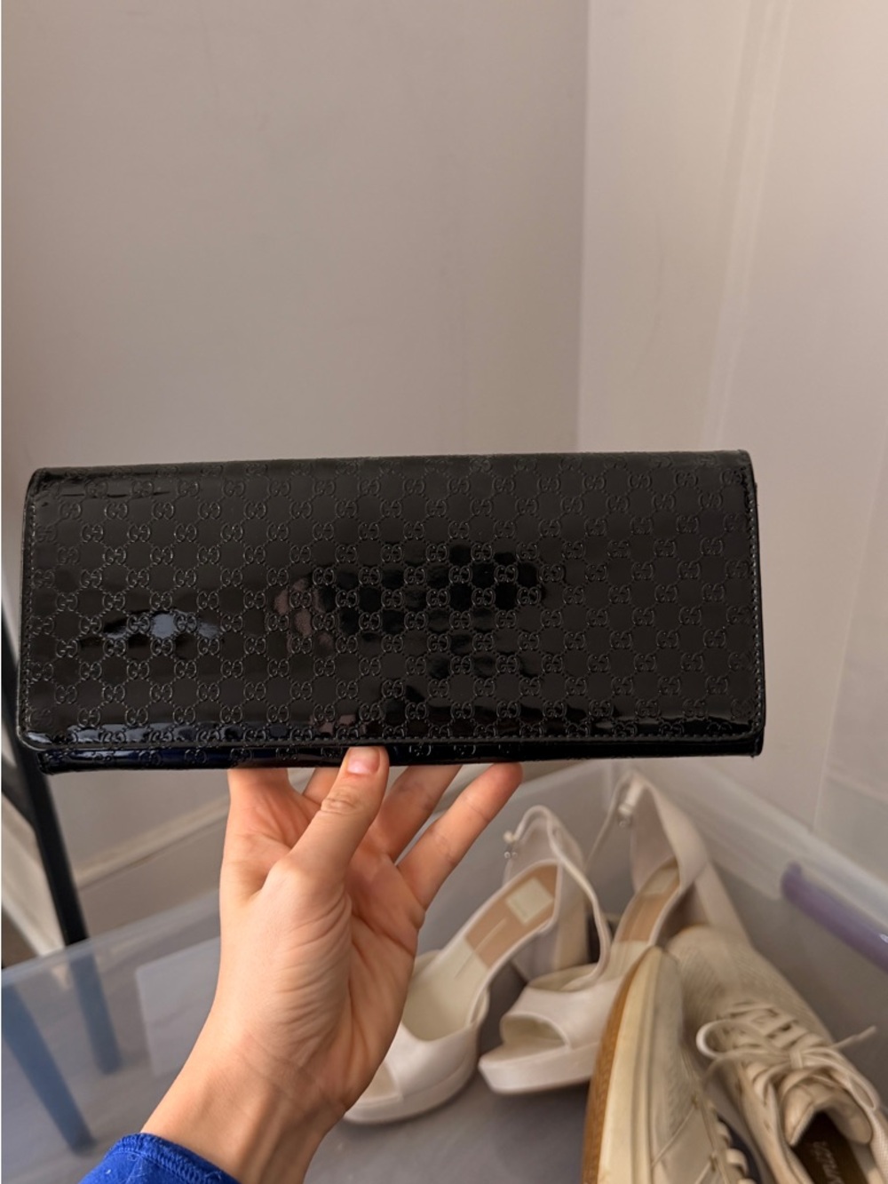 Gucci Black Patent Leather Embossed Clutch Wallet